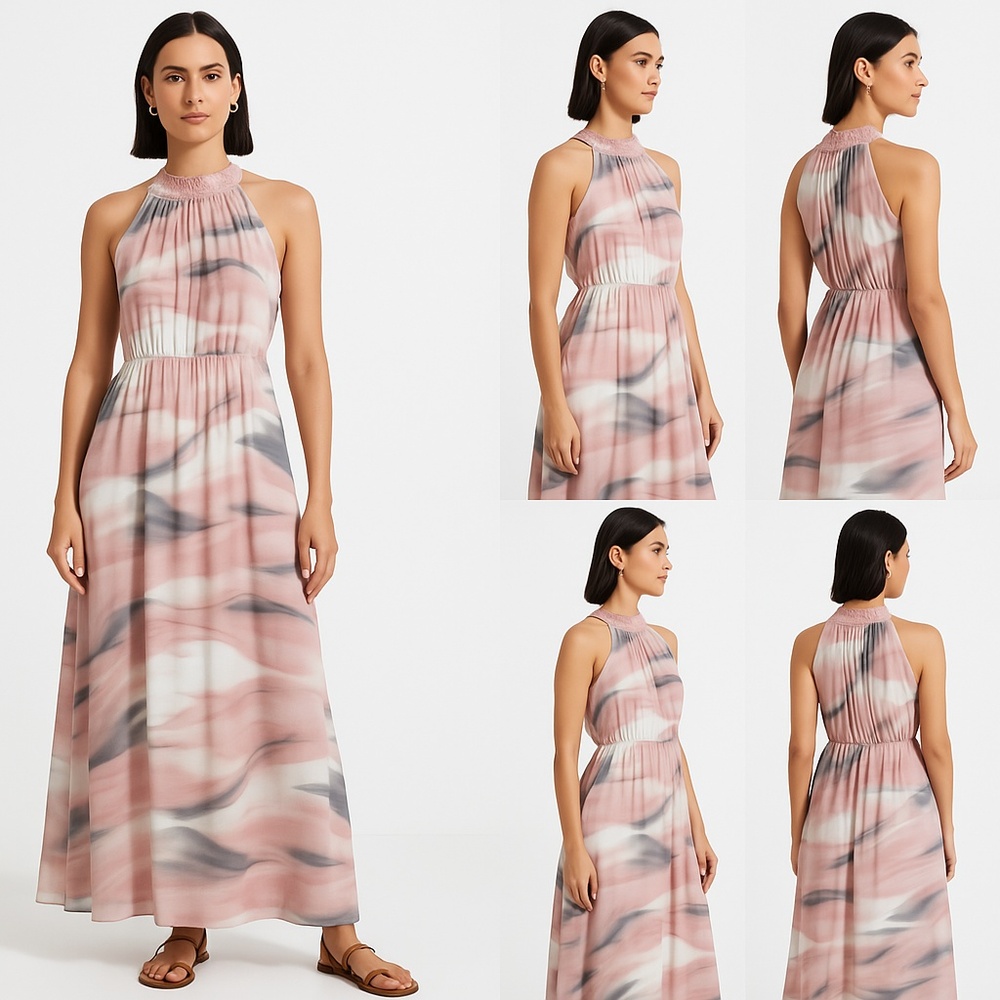 NWT Maeve Antro Pink Gray White ‎ Abstract Print Halter Maxi Dress Medium